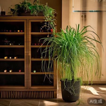 红酒柜旁绿植添生机